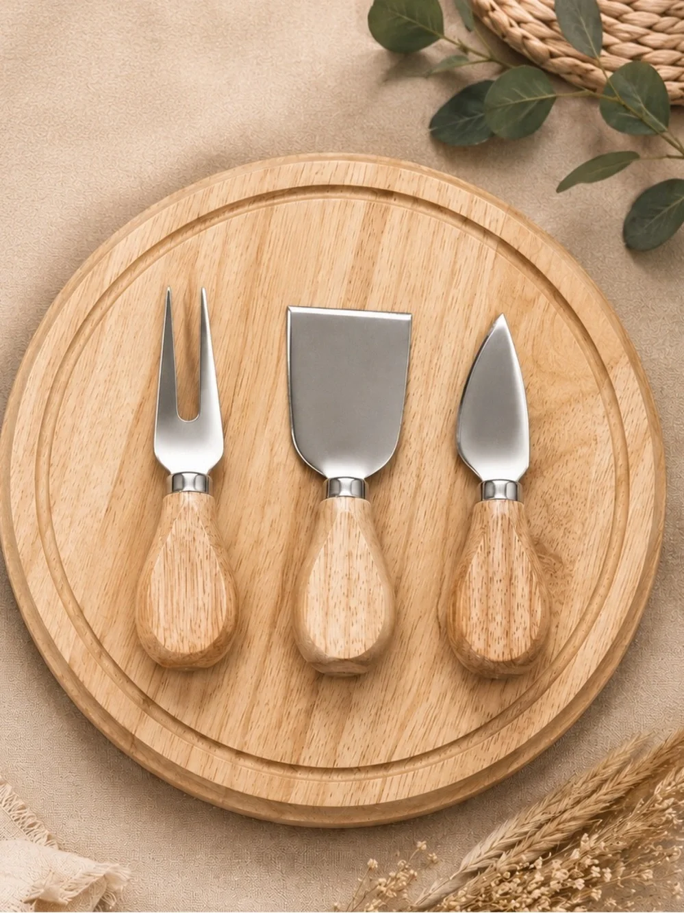 Wood Cheese Board Charcuterie Serving‎ Tray Set w Cheese Knife Spreader Fork